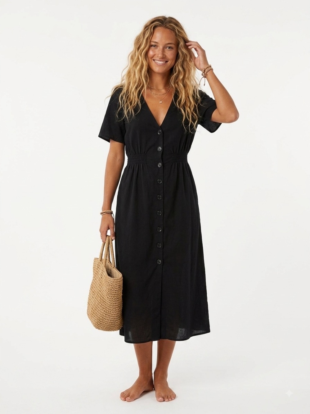 ZARA | BUTTON BLACK MIDI V NECK DRESS